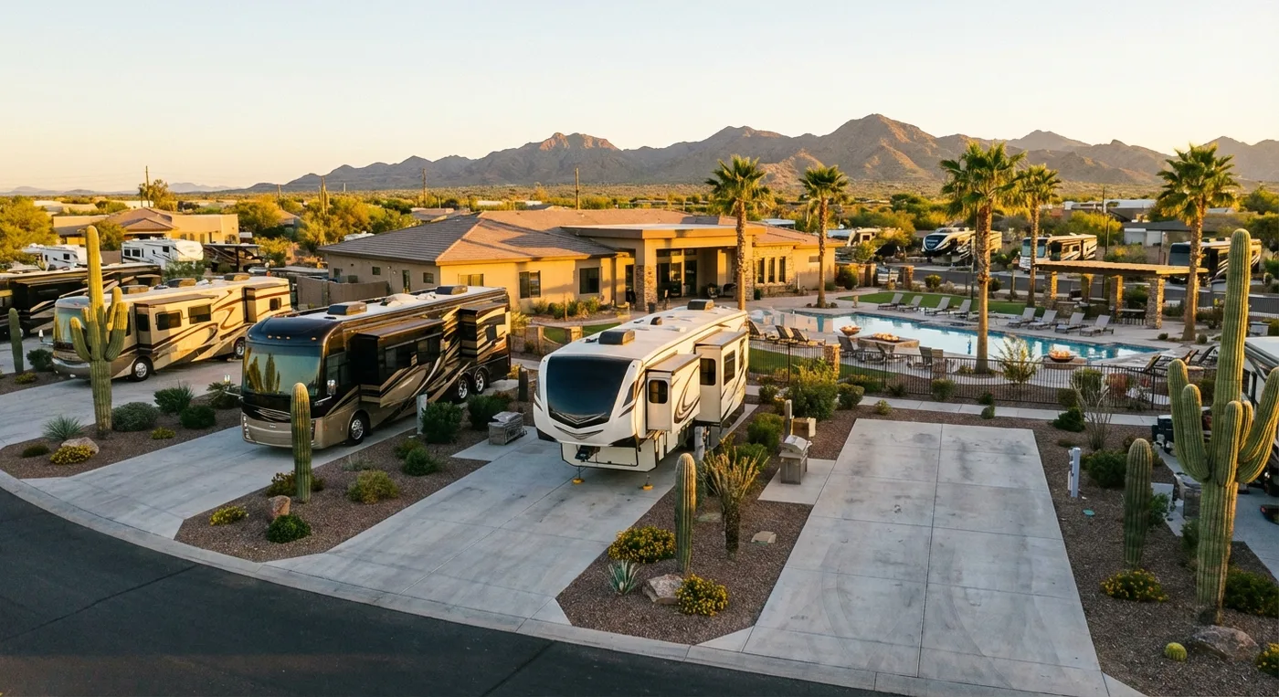 Inviting RV park in Arizona with spacious sites and palm trees