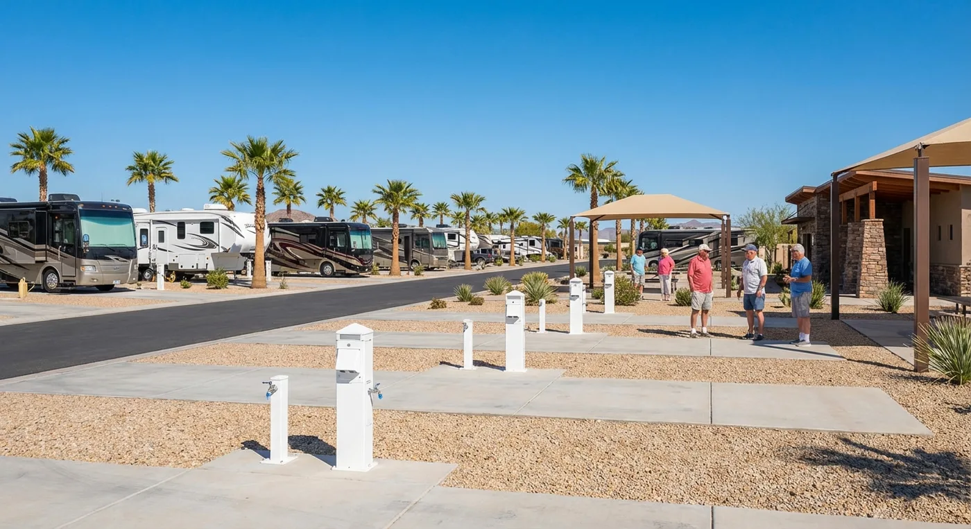 Rows of well-kept RV sites at Arizona Sands RV Park